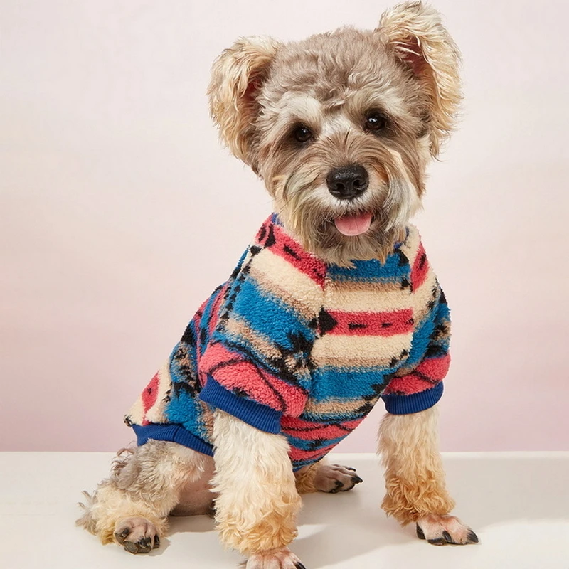Одежда для собак, осенне-зимняя одежда для кошек, Милый полосатый плюшевый пуловер, свитер, утепленные Теплые толстовки для домашних животных P0280 Изображение 0