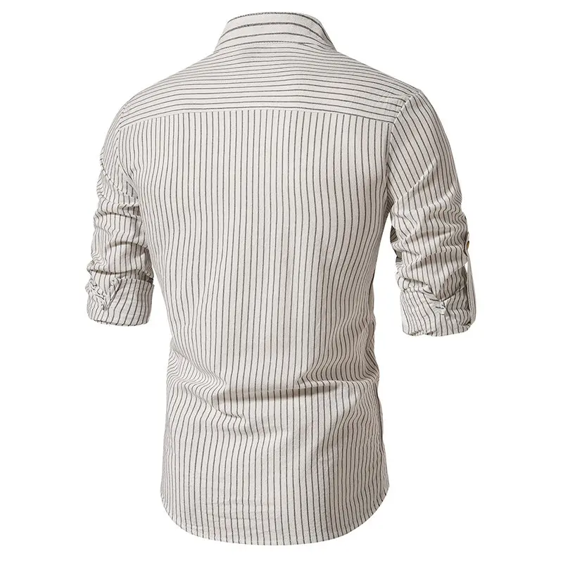 Весенне-осенние мужские рубашки в полоску С длинным рукавом, приталенный воротник-стойка, хлопковый деловой повседневный пуловер, блузка, мужские свадебные топы, мужские бусы Изображение 1