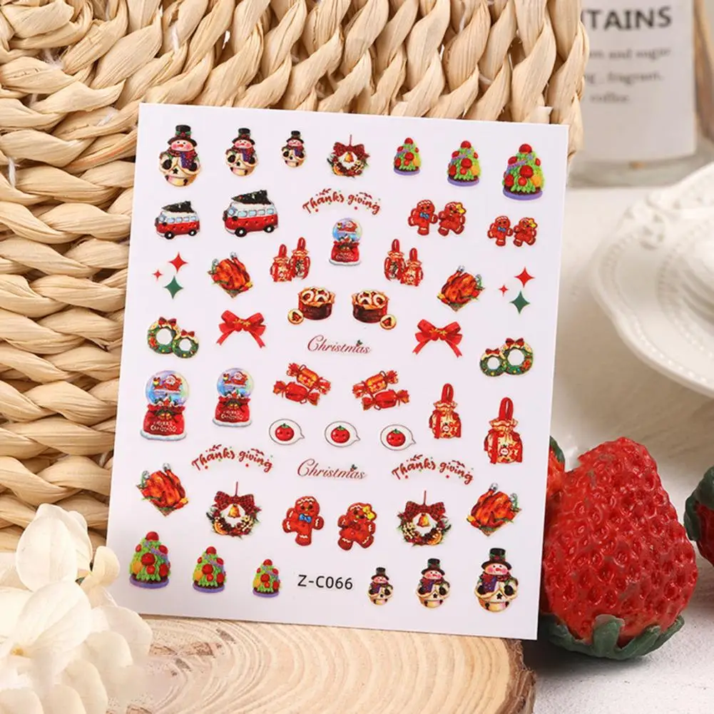 Рождественские наклейки для ногтей, натуральные наклейки для ногтей, праздничные рождественские наклейки для нейл-арта, милый мультяшный дизайн для стойкого маникюра Изображение 2