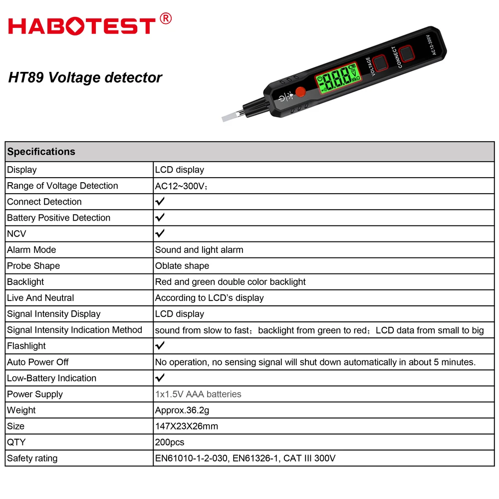 Бесконтактный тестер переменного напряжения HABOTEST HT89, цифровой детектор напряжения 12-300 В, Инструменты для электриков, Отвертка, Электрическая тестовая ручка Изображение 5