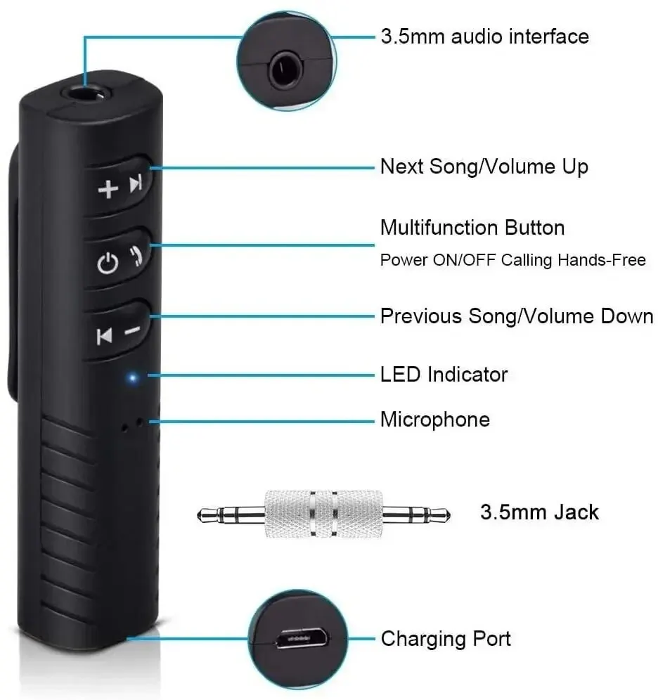 Беспроводной Bluetooth-совместимый адаптер приемника-передатчика 5.0, разъем 3,5 мм для автомобильной музыки, аудио Aux, Приемник для наушников, Громкая связь Изображение 4