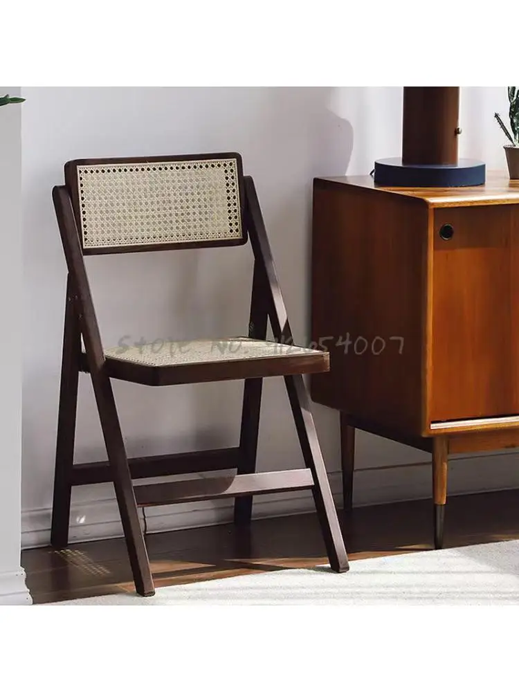 Ретро Складной стул из массива дерева, Старинный обеденный стул из ротанга, плетеный из ротанга, кабинет, кофейня, Деревянный стул из ротанга, табурет в японском стиле Изображение 1