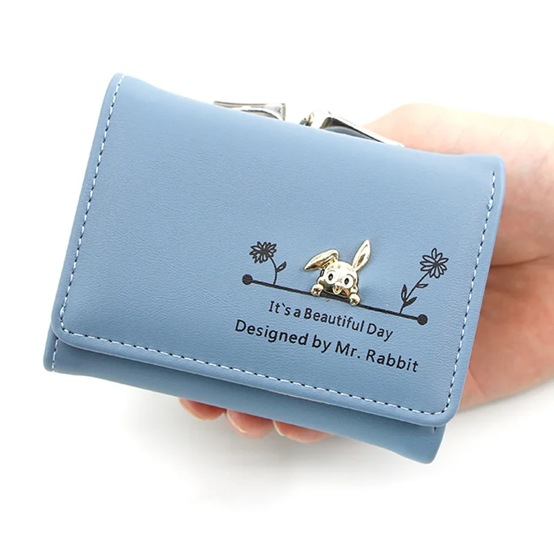 Кожаные женские кошельки Милый Кошелек Модный короткий студенческий кошелек для монет Сумка для карт Маленькие женские сумки с деньгами в виде кролика Изображение 0