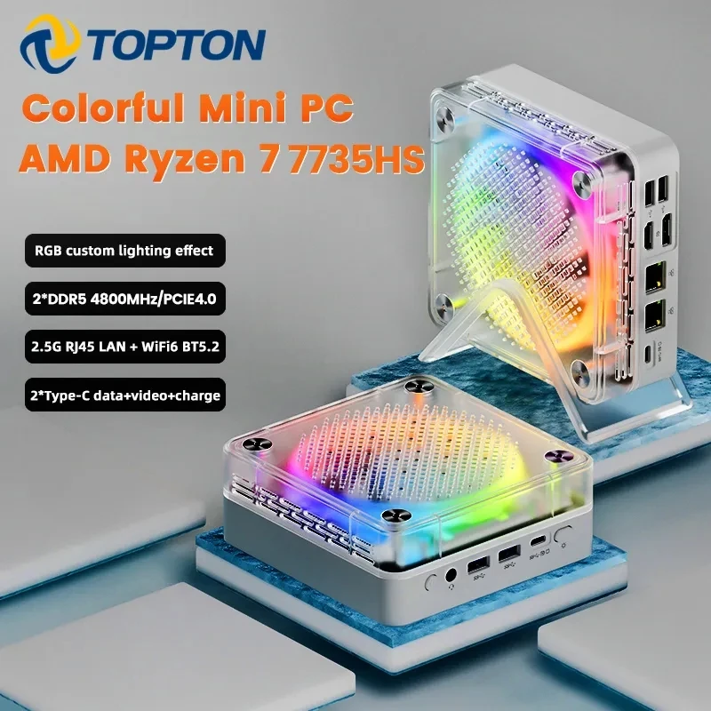 Новый Мини-ПК серии Ice Soul AMD Ryzen 7 7840HS с 8 ядрами RGB Light 2.5G Dual LAN Офисный Игровой Портативный Мини-компьютер 4K 8K WiFi6 Изображение 1
