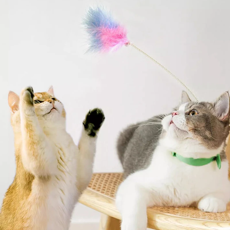 Интерактивные силиконовые игрушки для кошек Палочка-дразнилка из кошачьих перьев с колокольчиком, Ошейник для кошек, Забавная палочка-дразнилка, Игрушки для домашних животных, Однотонные цвета Изображение 0