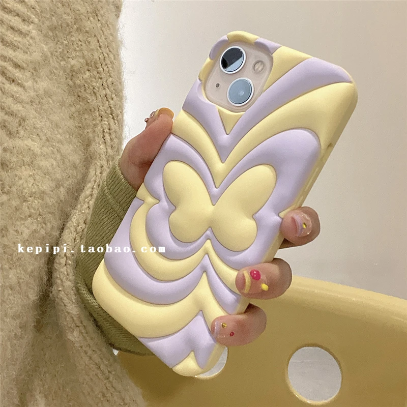 Корейский милый силиконовый чехол с 3D градиентной фиолетовой бабочкой для iPhone 11 12 13 14Pro Max creative cartoon противоударный мягкий чехол Изображение 3
