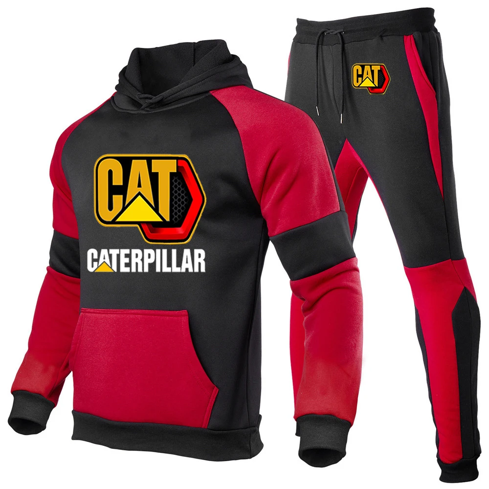 2023 Весна-осень Мода CAT Caterpillar Дизайн карманов с логотипом, Повседневные толстовки с капюшоном + Спортивные брюки, Хлопковые комплекты в стиле пэчворк Изображение 1