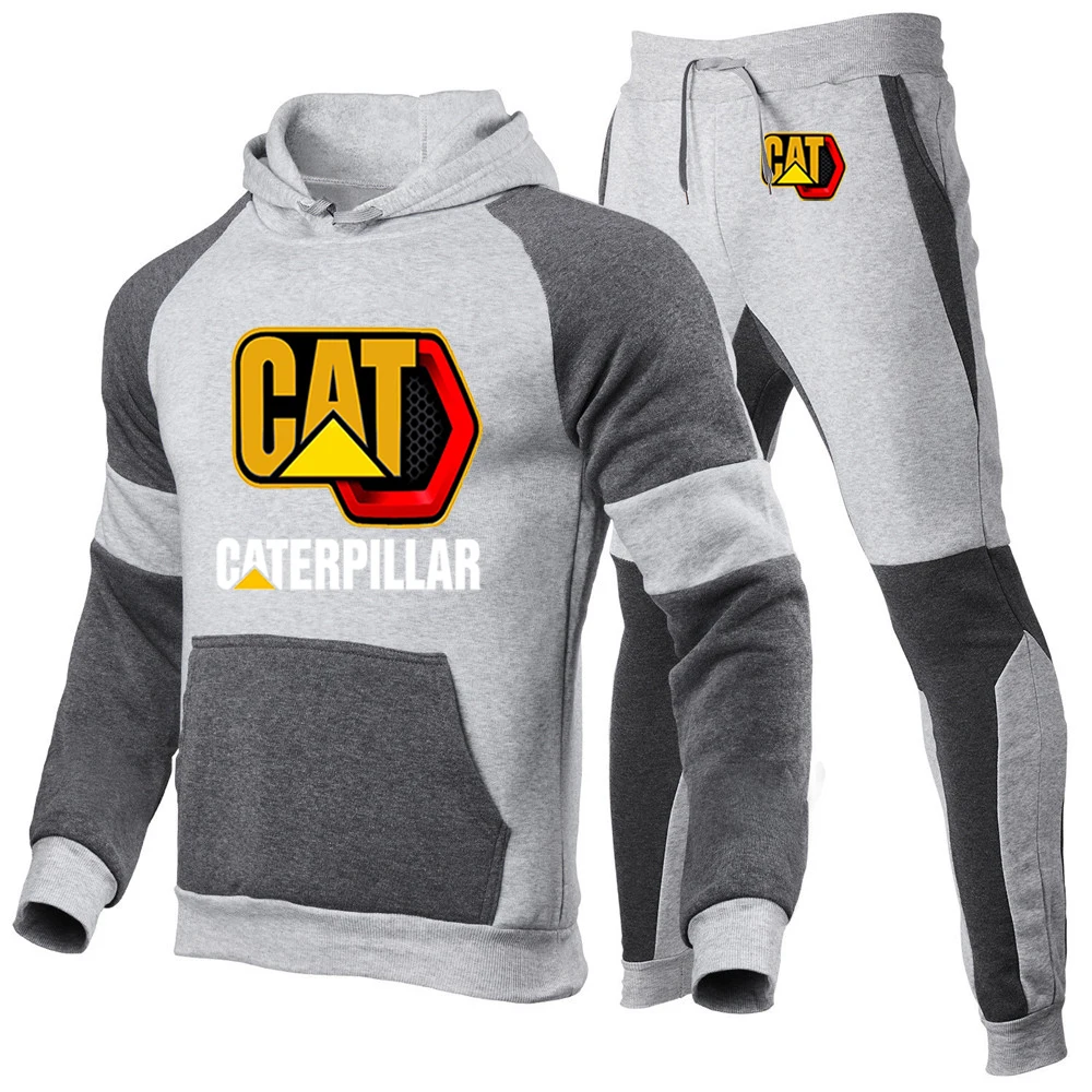 2023 Весна-осень Мода CAT Caterpillar Дизайн карманов с логотипом, Повседневные толстовки с капюшоном + Спортивные брюки, Хлопковые комплекты в стиле пэчворк Изображение 3