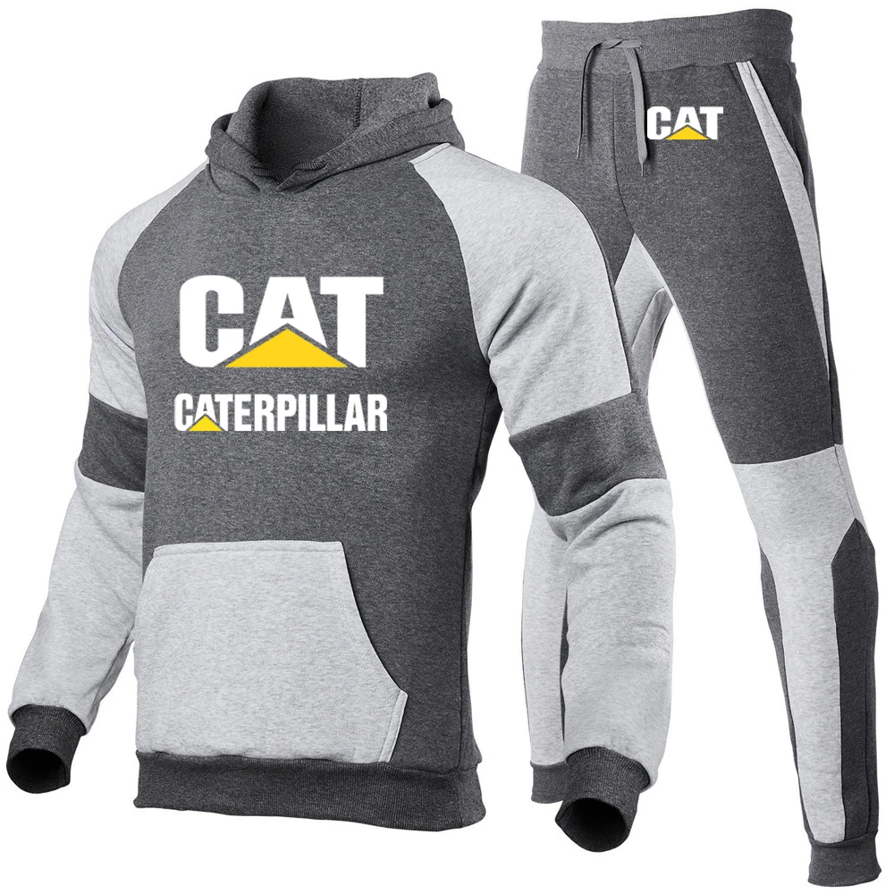 2023 Весна-осень Мода CAT Caterpillar Дизайн карманов с логотипом, Повседневные толстовки с капюшоном + Спортивные брюки, Хлопковые комплекты в стиле пэчворк Изображение 4