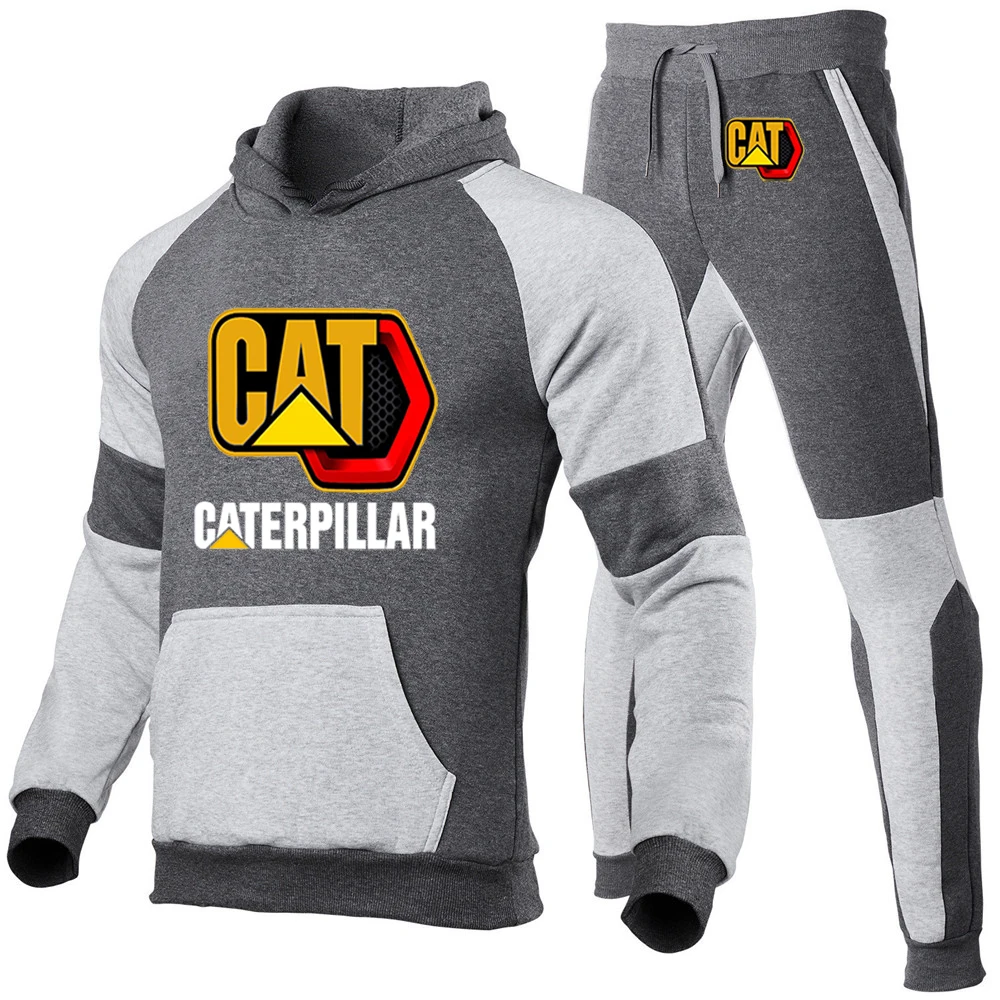 2023 Весна-осень Мода CAT Caterpillar Дизайн карманов с логотипом, Повседневные толстовки с капюшоном + Спортивные брюки, Хлопковые комплекты в стиле пэчворк Изображение 5