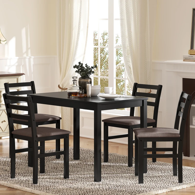 5 шт. Стильный обеденный стол, 4 мягких стула с лестничной спинкой для столовой кухни, коричневая подушка и черный Изображение 0