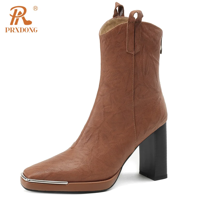 PRXDONG/ Обувь из натуральной кожи, женские ботильоны на высоком каблуке и платформе, черное коричневое платье на молнии, осенне-зимняя теплая обувь, 39 Изображение 0