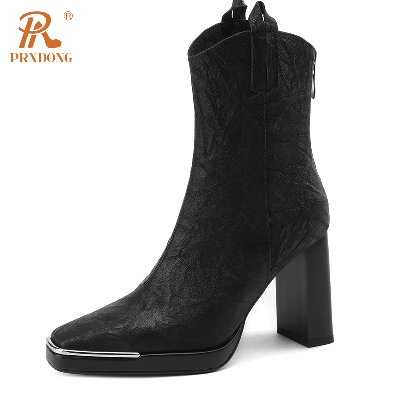 PRXDONG/ Обувь из натуральной кожи, женские ботильоны на высоком каблуке и платформе, черное коричневое платье на молнии, осенне-зимняя теплая обувь, 39 Изображение 1