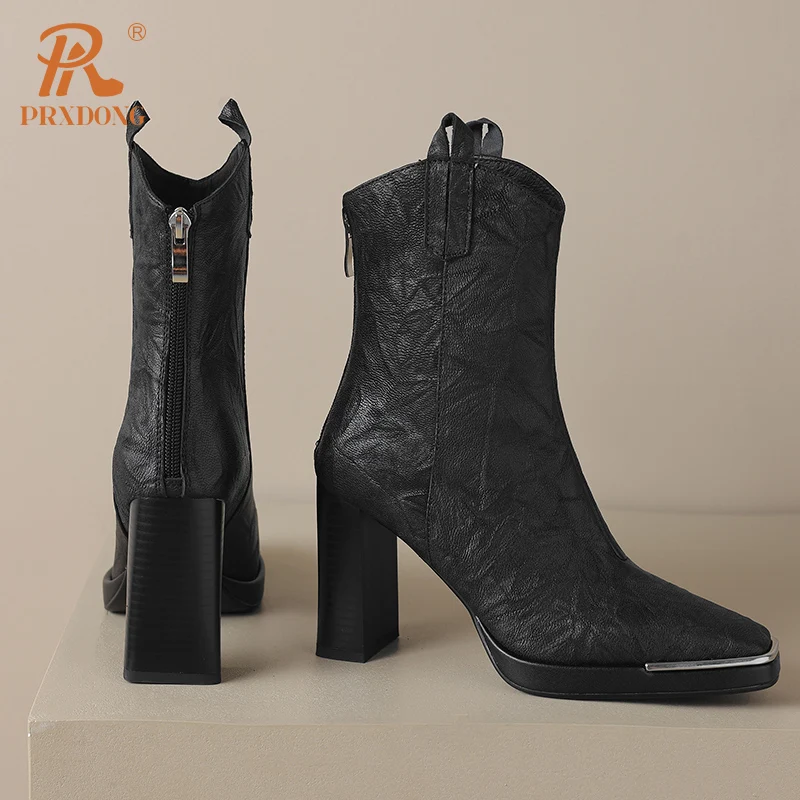 PRXDONG/ Обувь из натуральной кожи, женские ботильоны на высоком каблуке и платформе, черное коричневое платье на молнии, осенне-зимняя теплая обувь, 39 Изображение 3