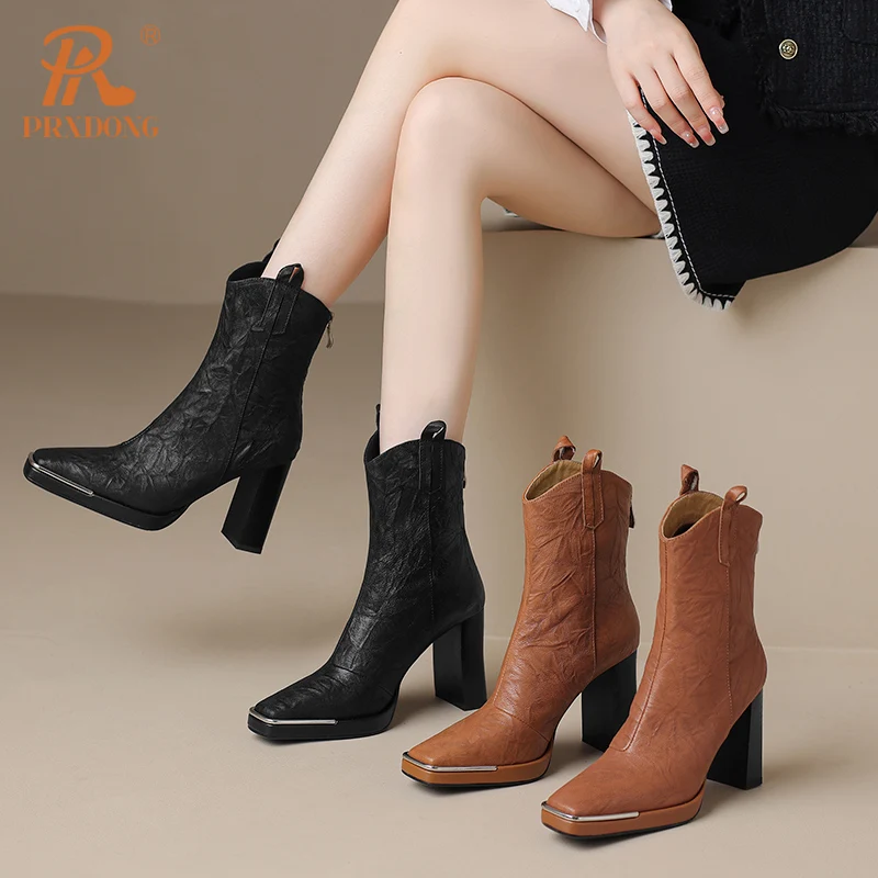 PRXDONG/ Обувь из натуральной кожи, женские ботильоны на высоком каблуке и платформе, черное коричневое платье на молнии, осенне-зимняя теплая обувь, 39 Изображение 4