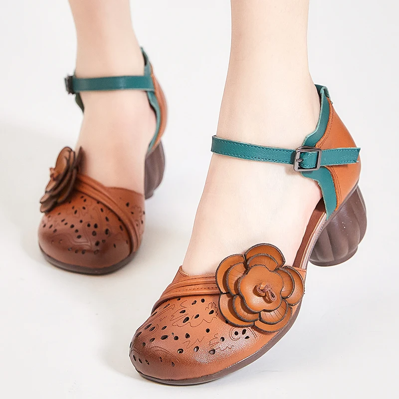 Birkuir, Женские сандалии в стиле ретро с цветами из натуральной кожи, Гладиаторские сандалии с закрытым носком и пряжкой, роскошная женская обувь на толстом каблуке 6 см Изображение 0