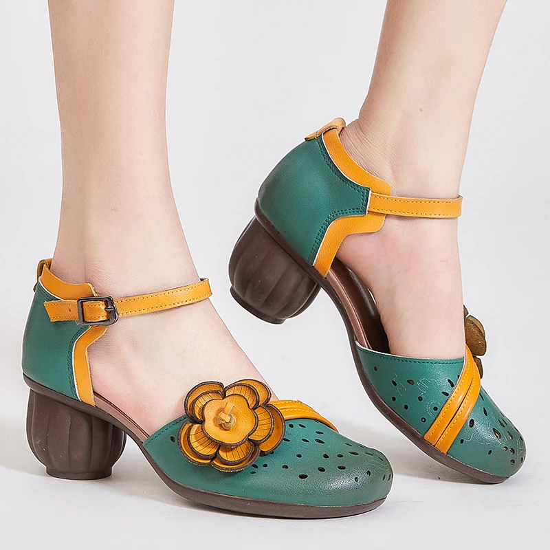 Birkuir, Женские сандалии в стиле ретро с цветами из натуральной кожи, Гладиаторские сандалии с закрытым носком и пряжкой, роскошная женская обувь на толстом каблуке 6 см Изображение 1