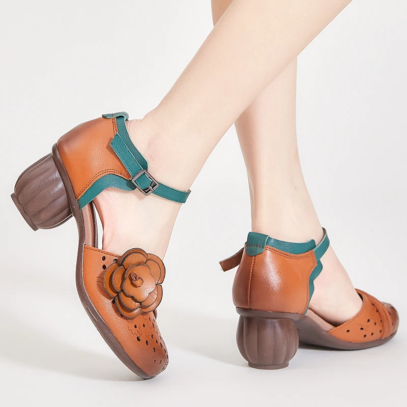 Birkuir, Женские сандалии в стиле ретро с цветами из натуральной кожи, Гладиаторские сандалии с закрытым носком и пряжкой, роскошная женская обувь на толстом каблуке 6 см Изображение 4