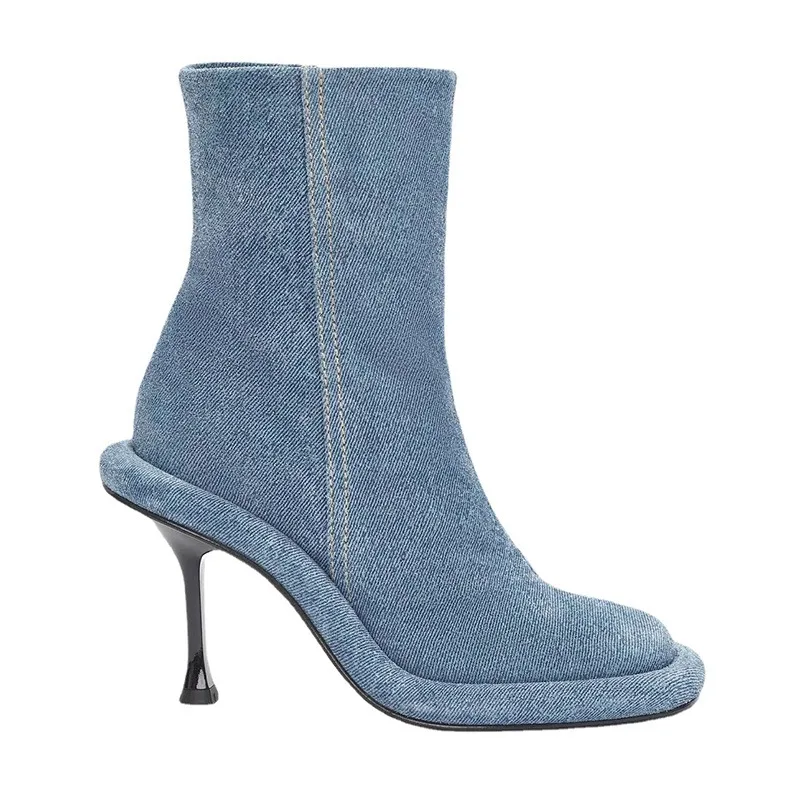 Осень-зима, новые синие джинсовые полусапожки в европейском и американском стиле на высоком каблуке на толстой подошве с круглым носком и боковой молнией, Женская обувь, Размер 35-43 Изображение 0
