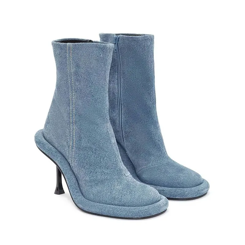 Осень-зима, новые синие джинсовые полусапожки в европейском и американском стиле на высоком каблуке на толстой подошве с круглым носком и боковой молнией, Женская обувь, Размер 35-43 Изображение 1