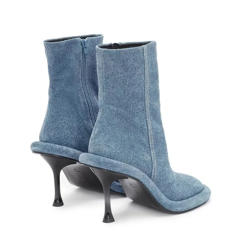 Осень-зима, новые синие джинсовые полусапожки в европейском и американском стиле на высоком каблуке на толстой подошве с круглым носком и боковой молнией, Женская обувь, Размер 35-43 Изображение 2