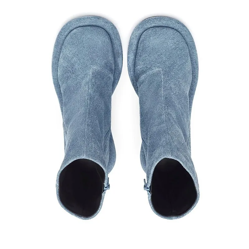 Осень-зима, новые синие джинсовые полусапожки в европейском и американском стиле на высоком каблуке на толстой подошве с круглым носком и боковой молнией, Женская обувь, Размер 35-43 Изображение 3
