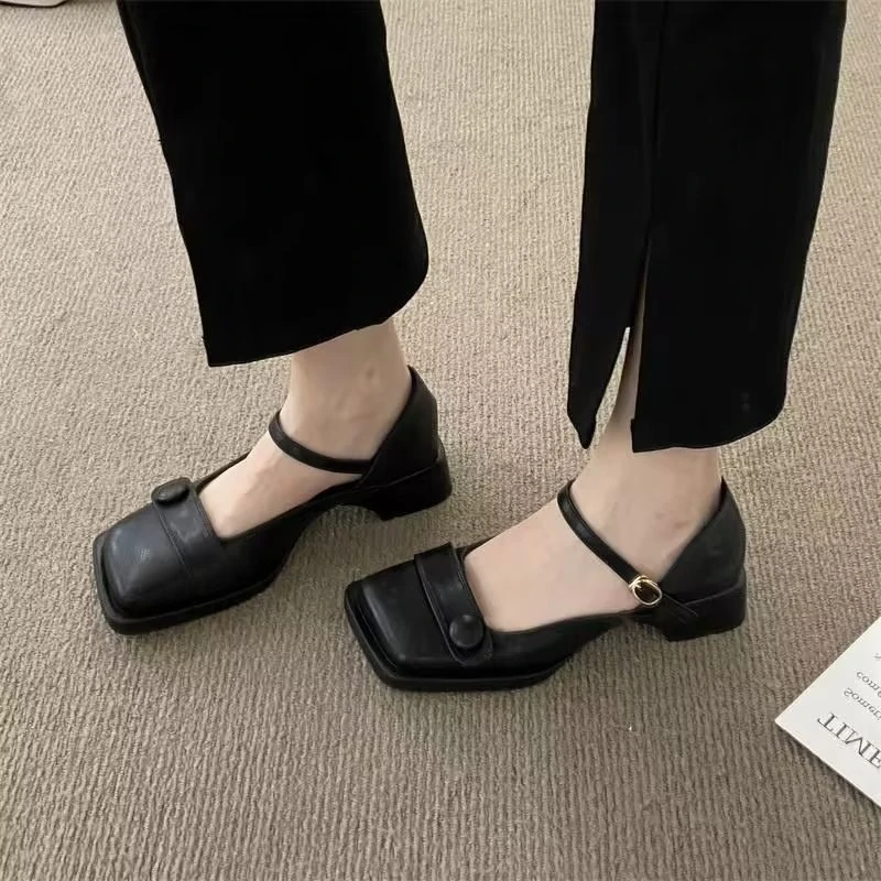 Обувь для женщин 2023 Mary Janes / Женские офисные туфли-лодочки на высоком каблуке в стиле ретро с квадратным носком, женская обувь на мелком квадратном каблуке, Однотонная Женская обувь Изображение 0