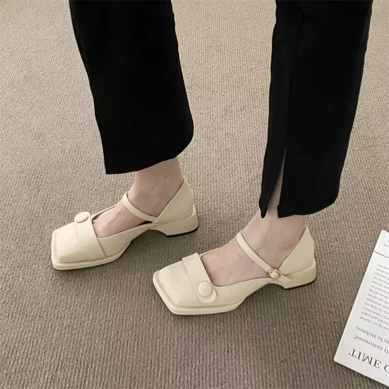 Обувь для женщин 2023 Mary Janes / Женские офисные туфли-лодочки на высоком каблуке в стиле ретро с квадратным носком, женская обувь на мелком квадратном каблуке, Однотонная Женская обувь Изображение 3
