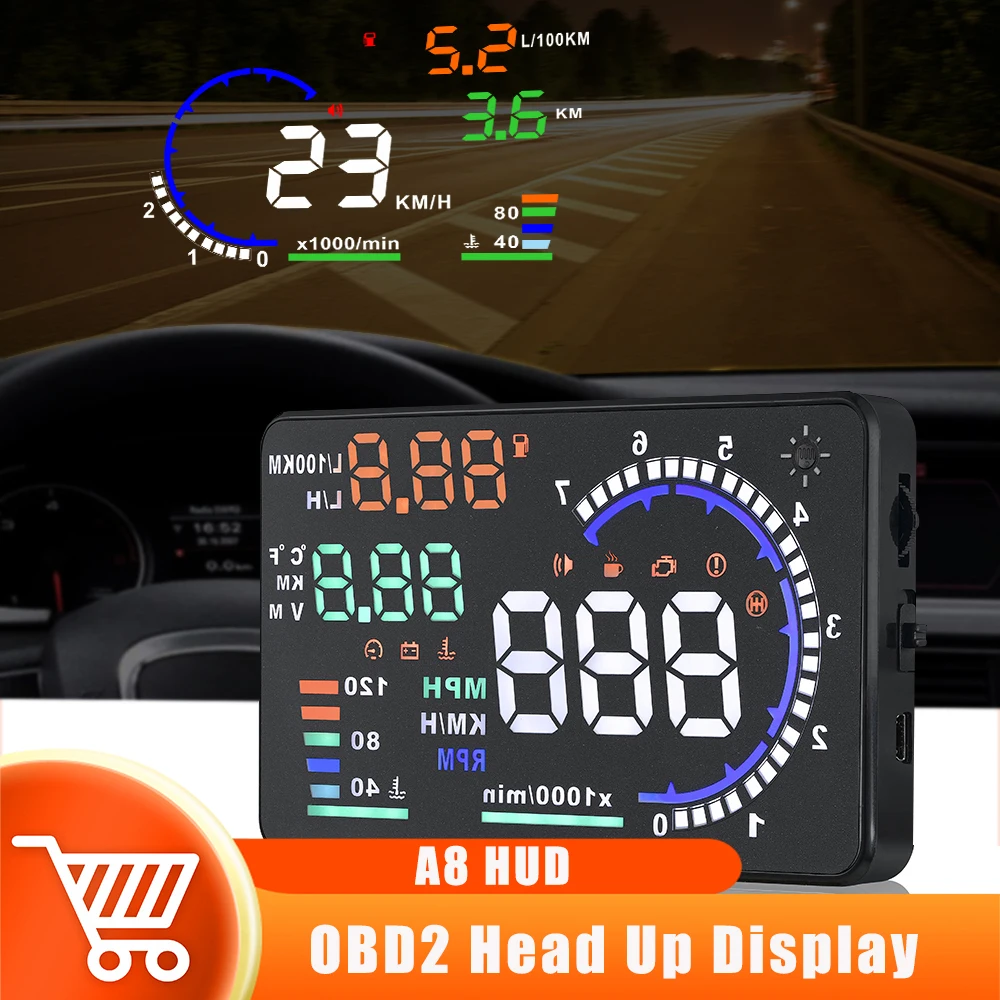 Новый автомобильный головной дисплей A8, цифровой спидометр OBD2 HUD, светодиодный проектор на лобовое стекло с сигнализацией о напряжении, температуре воды, скорости, топливе. Изображение 0