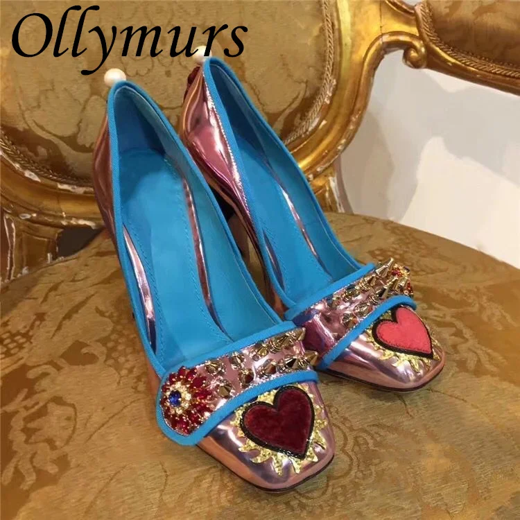 Ollymurs/ Новые Винтажные Роскошные туфли-лодочки на массивном каблуке с жемчужной кисточкой и сеткой, женские туфли на высоком каблуке с кристаллами и цветочным узором в форме сердца Изображение 0