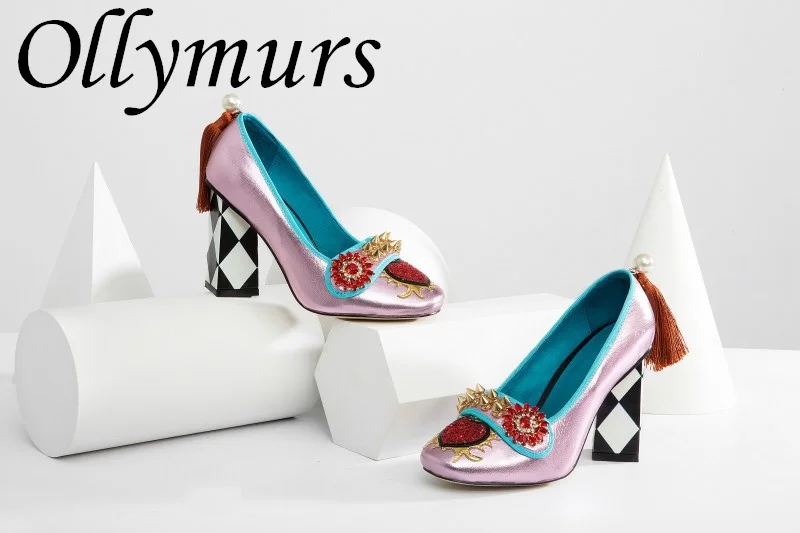 Ollymurs/ Новые Винтажные Роскошные туфли-лодочки на массивном каблуке с жемчужной кисточкой и сеткой, женские туфли на высоком каблуке с кристаллами и цветочным узором в форме сердца Изображение 1