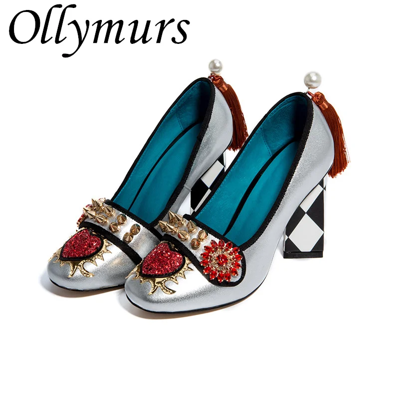 Ollymurs/ Новые Винтажные Роскошные туфли-лодочки на массивном каблуке с жемчужной кисточкой и сеткой, женские туфли на высоком каблуке с кристаллами и цветочным узором в форме сердца Изображение 2