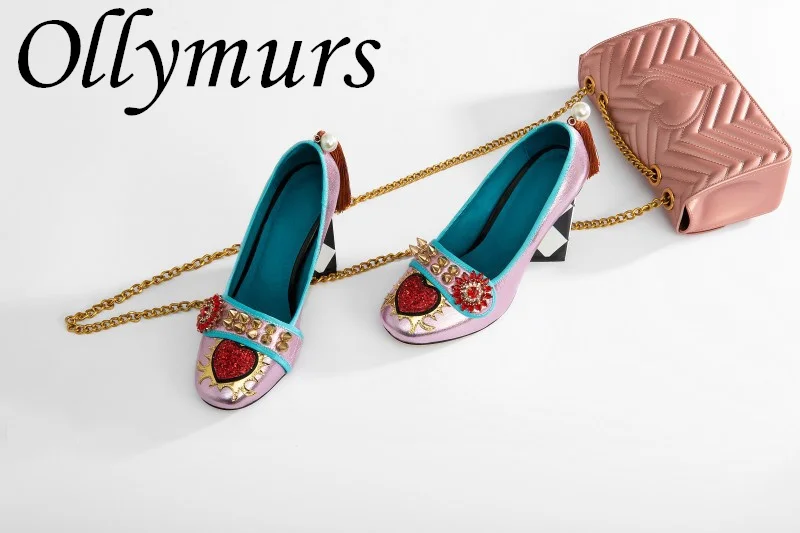 Ollymurs/ Новые Винтажные Роскошные туфли-лодочки на массивном каблуке с жемчужной кисточкой и сеткой, женские туфли на высоком каблуке с кристаллами и цветочным узором в форме сердца Изображение 3