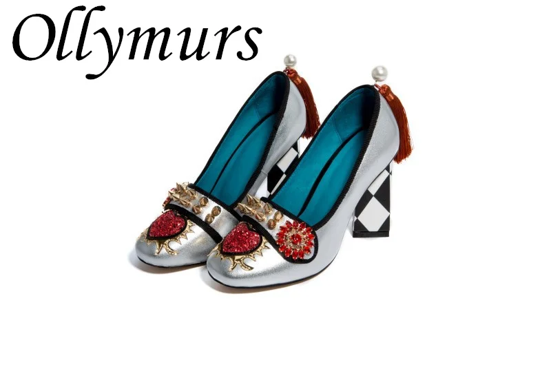 Ollymurs/ Новые Винтажные Роскошные туфли-лодочки на массивном каблуке с жемчужной кисточкой и сеткой, женские туфли на высоком каблуке с кристаллами и цветочным узором в форме сердца Изображение 5
