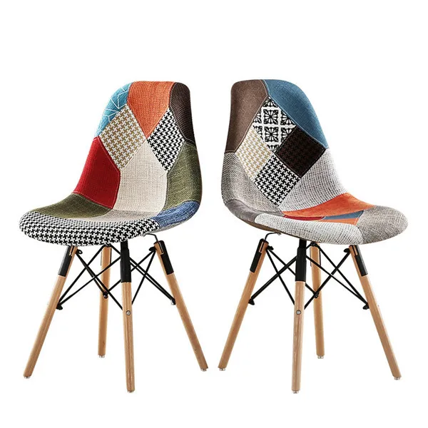 Многоцветный обеденный стул с боковой тканевой обивкой в современном стиле, обеденный стул с ножками из натурального дерева в стиле пэчворк с несколькими узорами Изображение 2