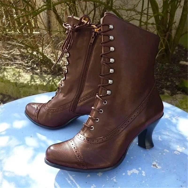 Женские ботинки, водонепроницаемые, до середины икры, на шнуровке, из искусственной кожи, на квадратном каблуке 5 см, на молнии, в римском стиле, женские вечерние туфли коричневого цвета Изображение 0