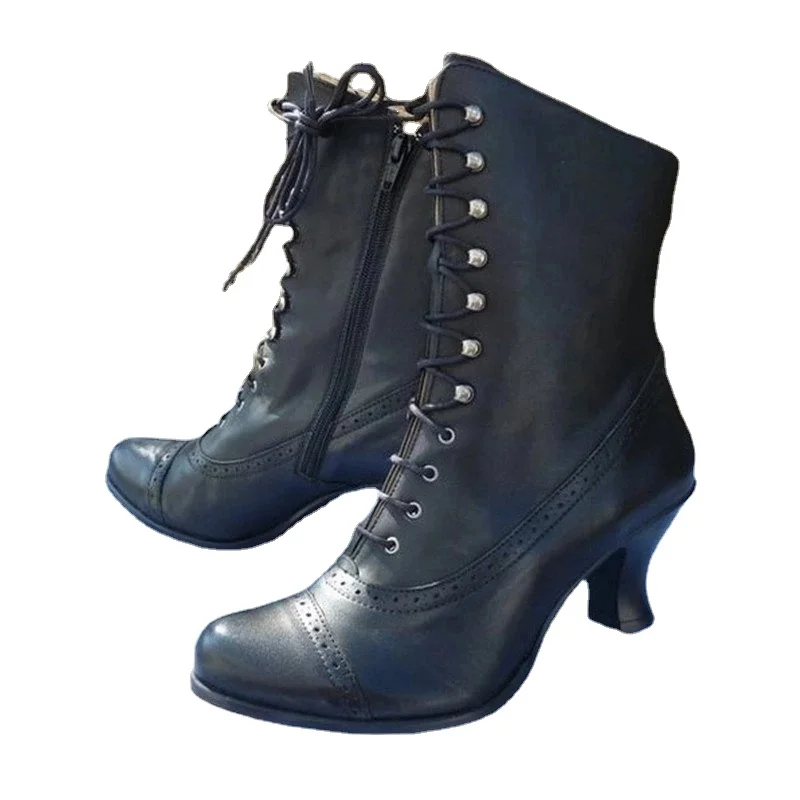 Женские ботинки, водонепроницаемые, до середины икры, на шнуровке, из искусственной кожи, на квадратном каблуке 5 см, на молнии, в римском стиле, женские вечерние туфли коричневого цвета Изображение 2