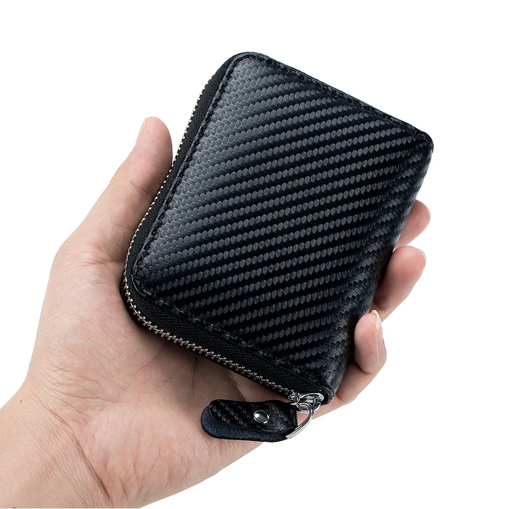 Мужской и женский держатель для кредитных карт из углеродного волокна, маленький кошелек для монет, модная деловая RFID-японская сумка на молнии. Изображение 0