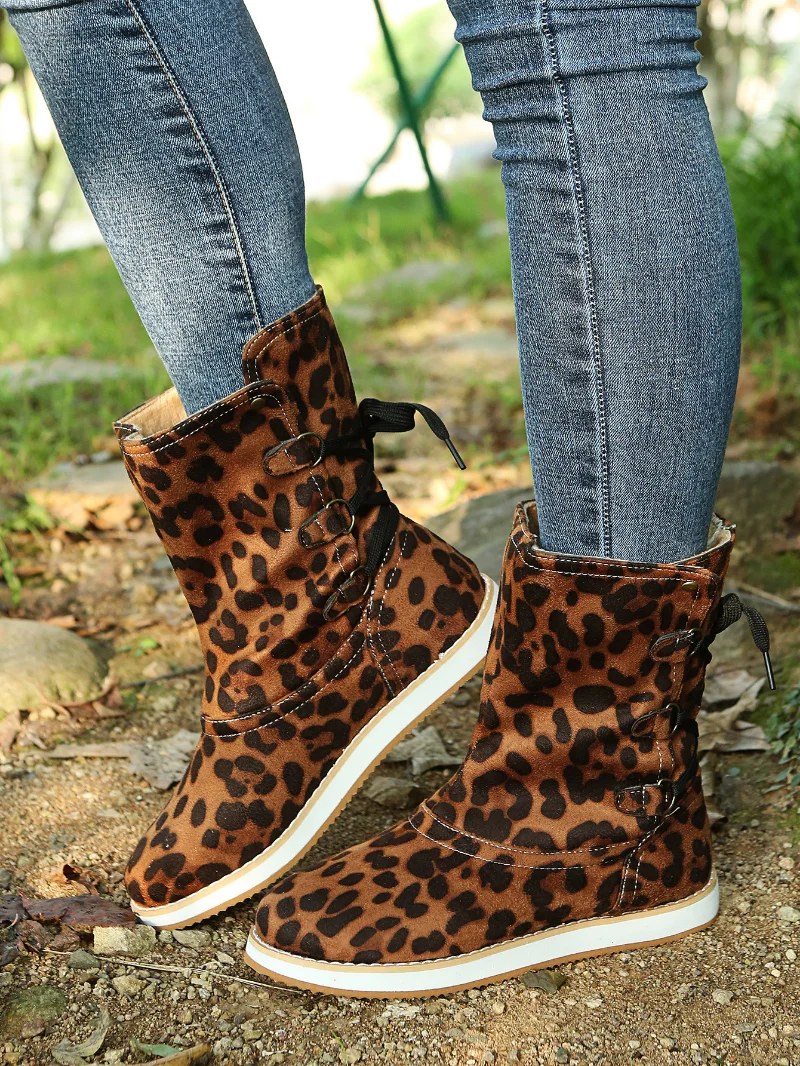 Размер 43; Осенне-зимняя модная женская обувь со змеиным принтом; тонкие ботинки со шнуровкой до середины бедра сзади; Женская обувь из искусственной замши с леопардовым принтом; Изображение 2