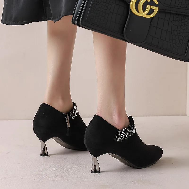 Женские туфли на высоком каблуке, черные, с бриллиантами, 2023, Весна и осень, Новая женская обувь на высоком тонком каблуке с заостренной боковой молнией в женском стиле Изображение 0