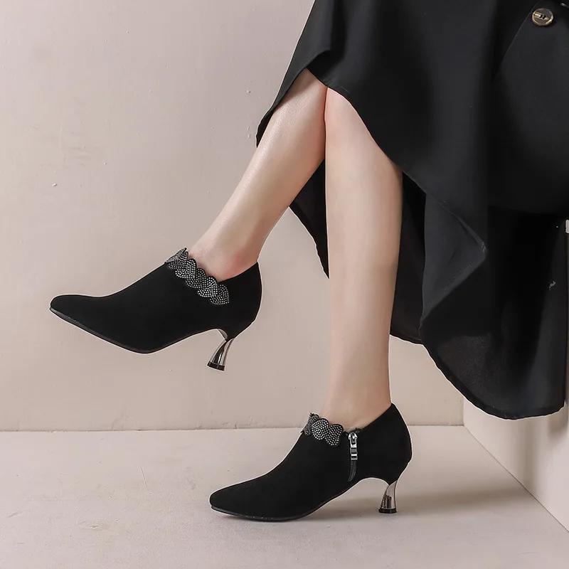 Женские туфли на высоком каблуке, черные, с бриллиантами, 2023, Весна и осень, Новая женская обувь на высоком тонком каблуке с заостренной боковой молнией в женском стиле Изображение 1