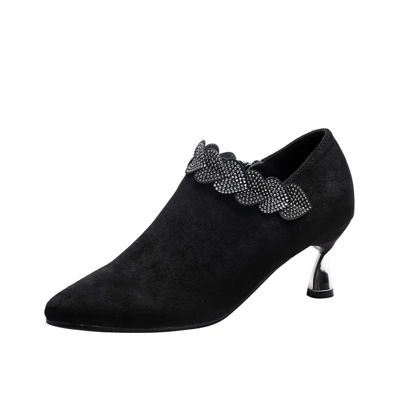Женские туфли на высоком каблуке, черные, с бриллиантами, 2023, Весна и осень, Новая женская обувь на высоком тонком каблуке с заостренной боковой молнией в женском стиле Изображение 3
