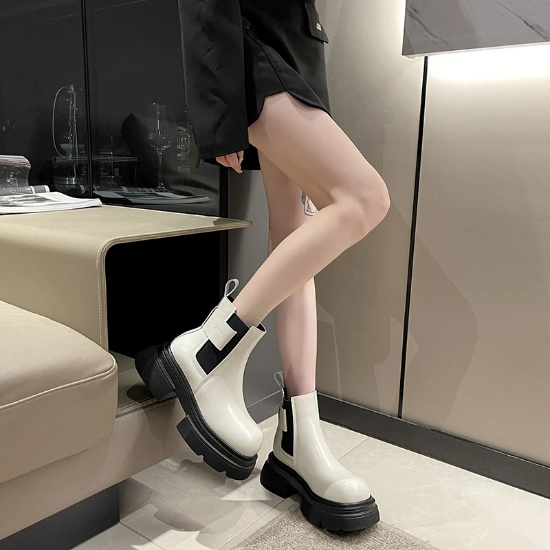 Обувь сапоги круглый носок Челси ботинки-осень, женщины середины икры женские низкий средний теленок 2023 резины Лолита увеличения внутреннего ПУ скольжения на Изображение 3