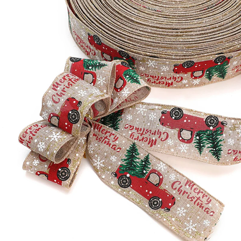 Рождественская лента, классическая упаковка, Рождественская елка, лента, Венок, Банты, Тканевая лента, мешковина, лента с проволочным краем, подарок Изображение 0