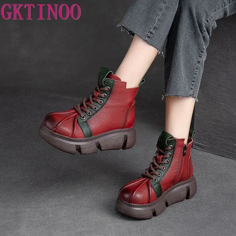 GKTINOO / 2023, Женские ботинки из натуральной кожи в винтажном стиле, Пинетки на плоской подошве, Женская обувь из мягкой воловьей кожи, Ботильоны на молнии, zapatos mujer Изображение 0
