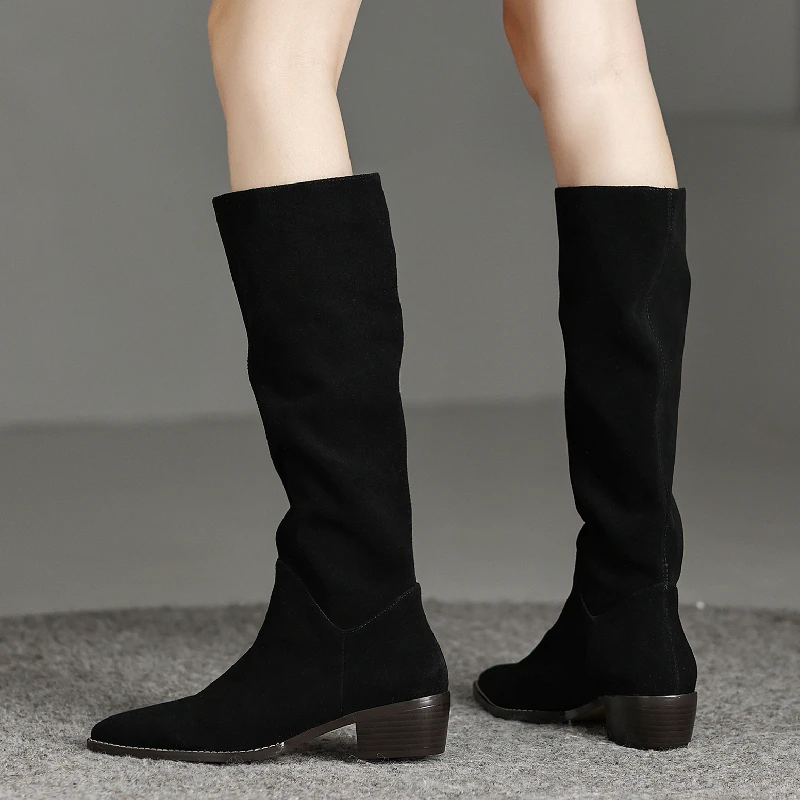Женские сапоги до колена в западном стиле, зима 2023, Замшевые ботинки 