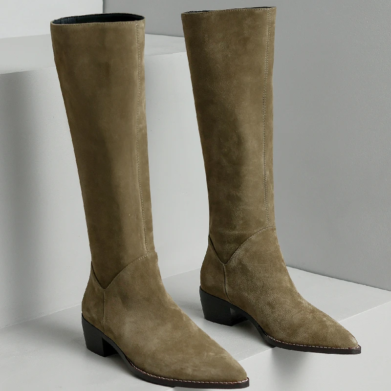Женские сапоги до колена в западном стиле, зима 2023, Замшевые ботинки 