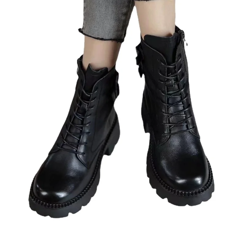 Женская обувь 2023 г., высококачественные женские ботинки с перекрестной шнуровкой, модные повседневные ботинки с пряжкой на ремне, женские новые ботильоны с круглым носком. Изображение 5