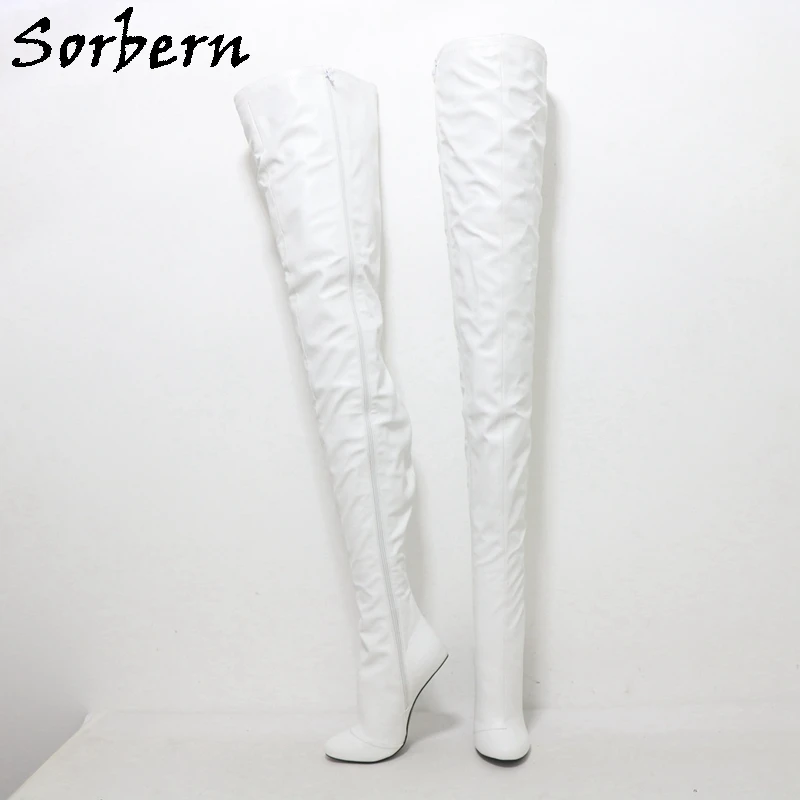 Женские сапоги Sorbern White Matte Extreme Long на молнии от промежности до бедер 97 см, длина голенища 14 см, без каблуков, обувь в стиле фетиша из искусственной кожи на весну Изображение 1