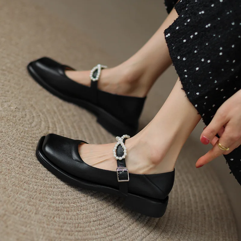 Новые весенние женские французские туфли на среднем каблуке на толстом каблуке с красной пуговицей Mary Jane и жемчугом с квадратной головкой J-E43 Изображение 2